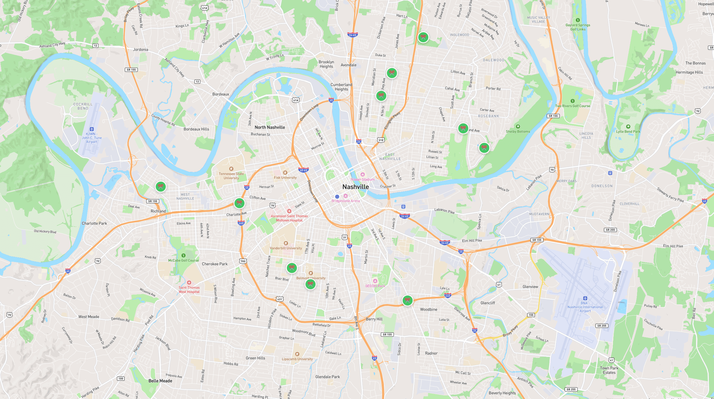 Map of Nashville showing nearby available mowers